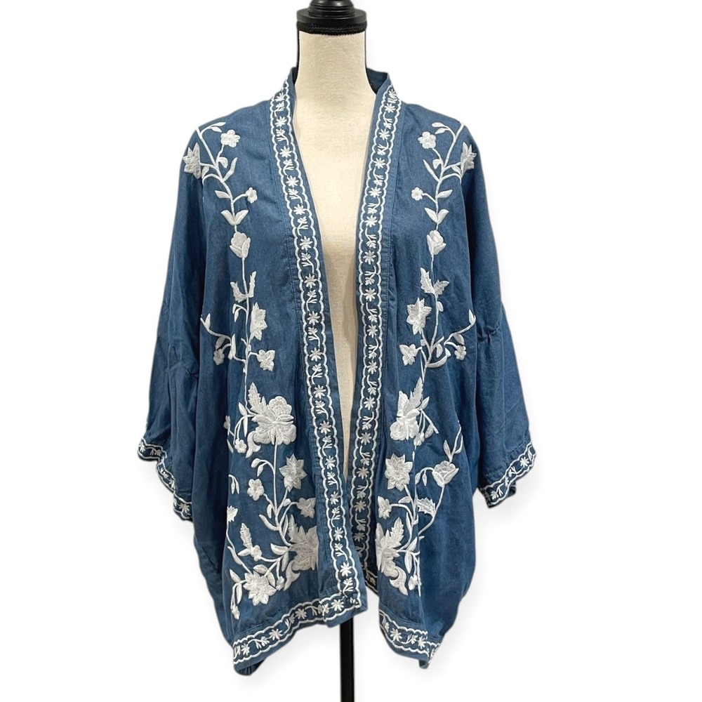 J. Jill Blue Chambray Embroidered Kimono Topper Womens XL-3X Floral Open Front